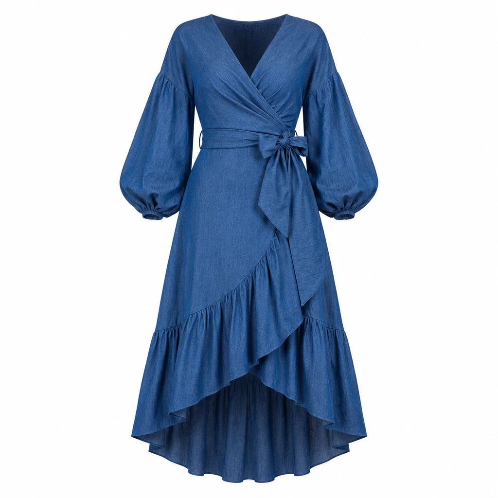 Wrap-Front Denim Ruffle Maxi Dress WHD0607004