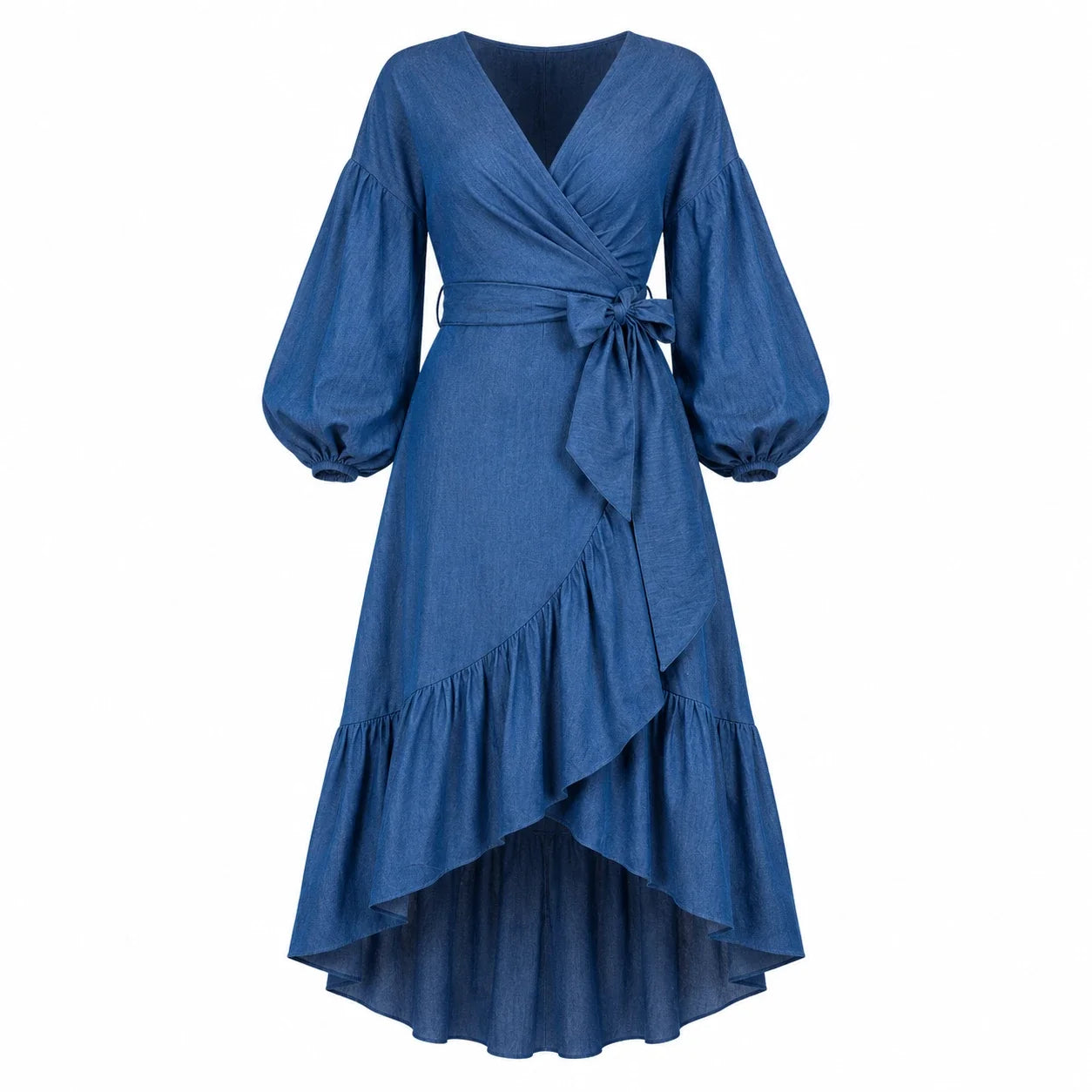 Wrap-Front Denim Ruffle Maxi Dress WHD0607004