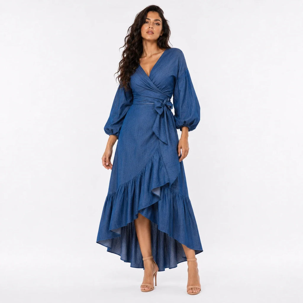 Wrap-Front Denim Ruffle Maxi Dress WHD0607004