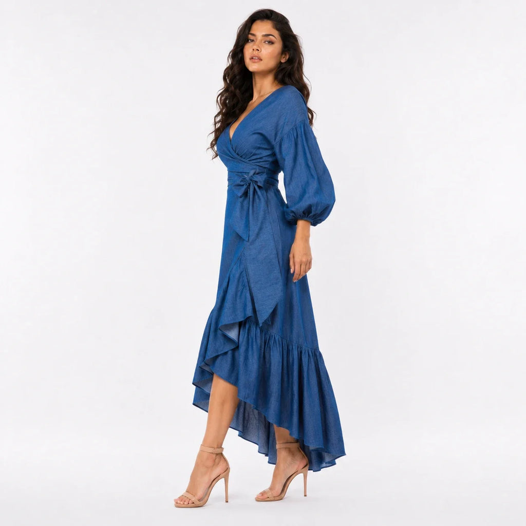 Wrap-Front Denim Ruffle Maxi Dress WHD0607004