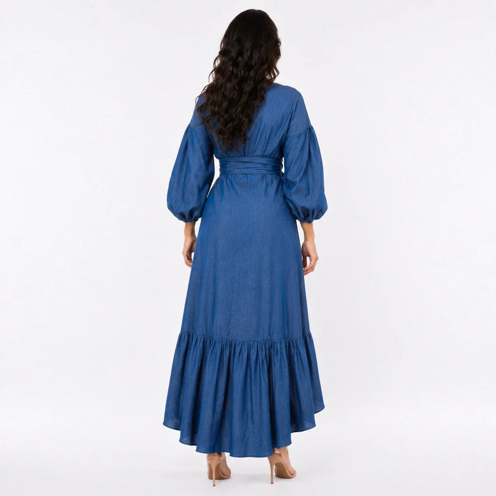 Wrap-Front Denim Ruffle Maxi Dress WHD0607004
