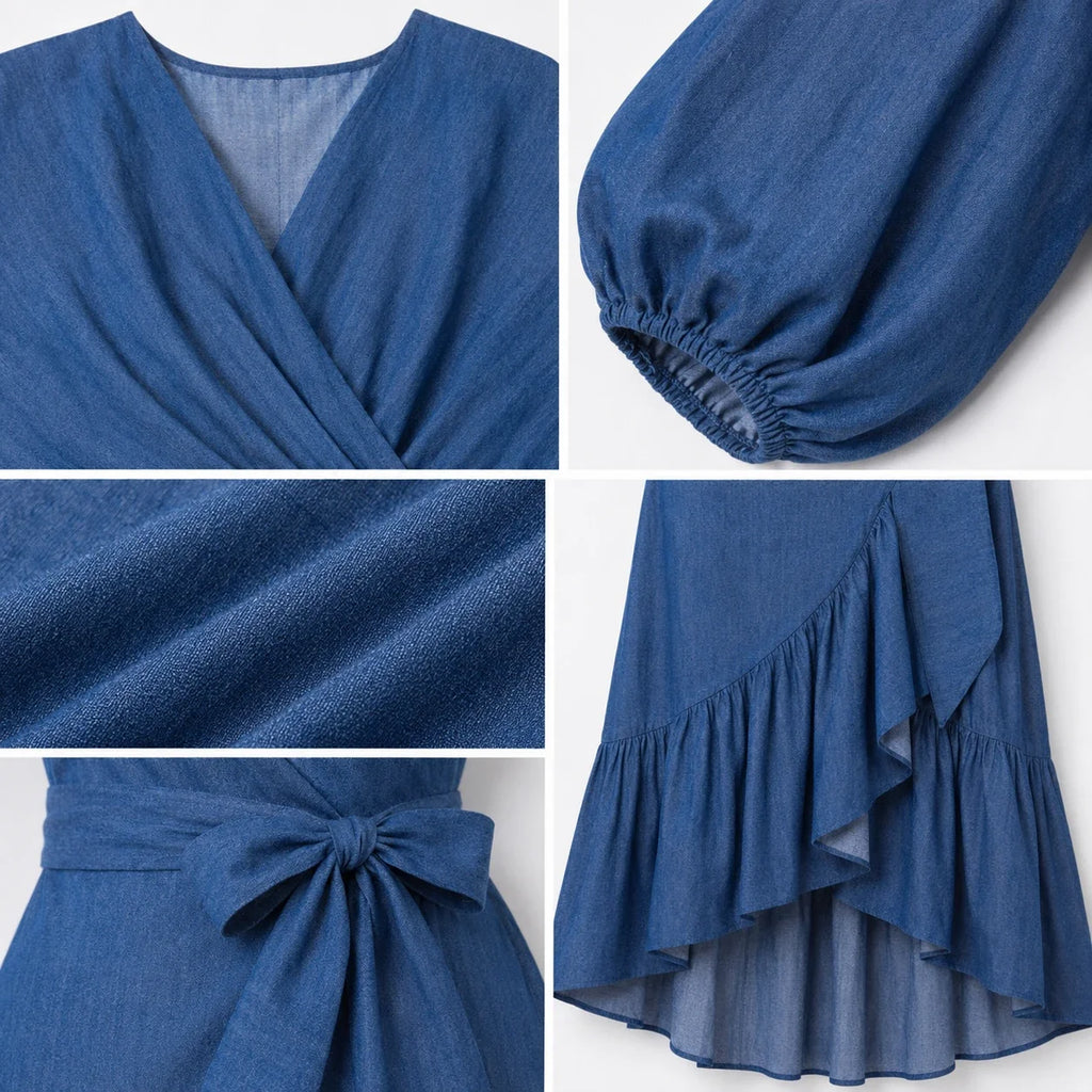 Wrap-Front Denim Ruffle Maxi Dress WHD0607004