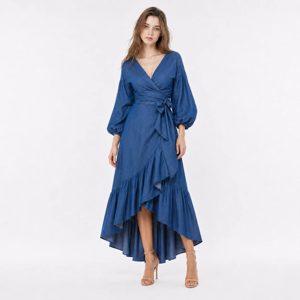 Wrap-Front Denim Ruffle Maxi Dress WHD0607004