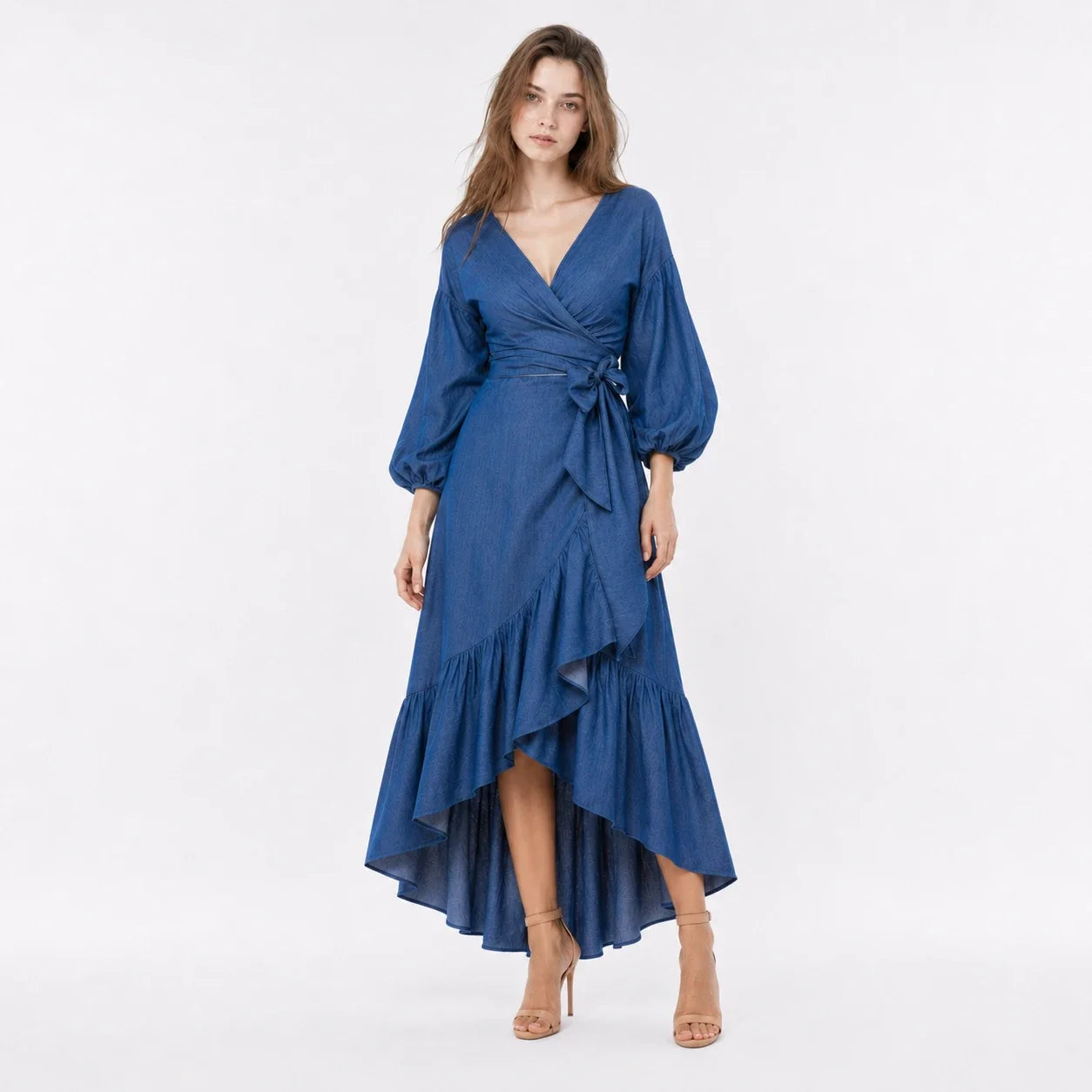 Wrap-Front Denim Ruffle Maxi Dress WHD0607004