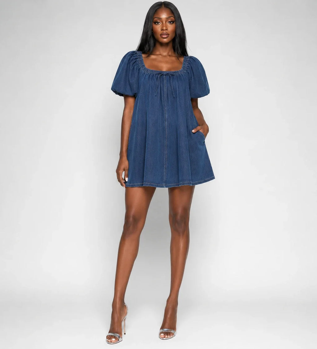 Indigo Puff Sleeve Babydoll Dress WHD0607005