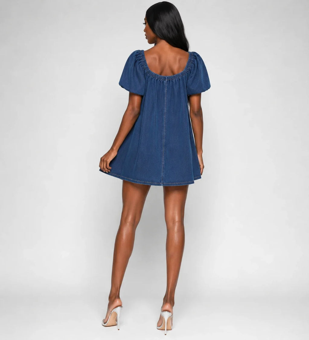 Indigo Puff Sleeve Babydoll Dress WHD0607005