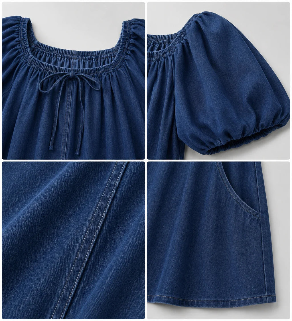 Indigo Puff Sleeve Babydoll Dress WHD0607005