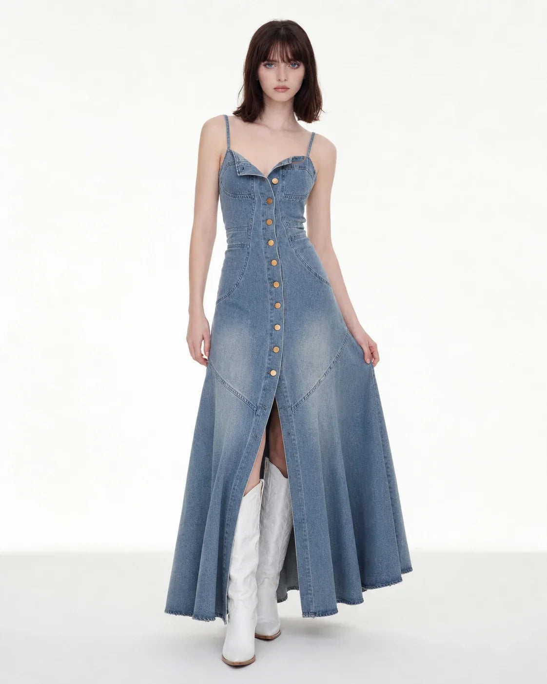 Button-Front Denim Maxi Dress WHD0607009