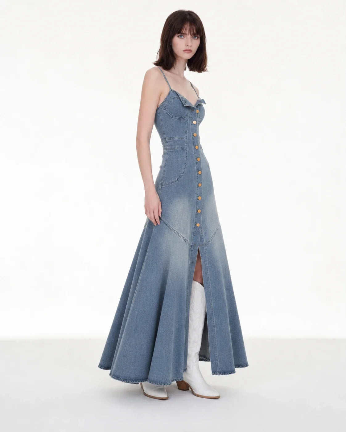 Button-Front Denim Maxi Dress WHD0607009