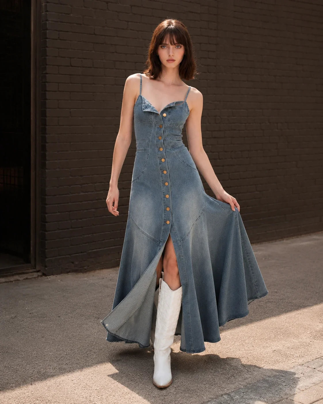 Button-Front Denim Maxi Dress WHD0607009