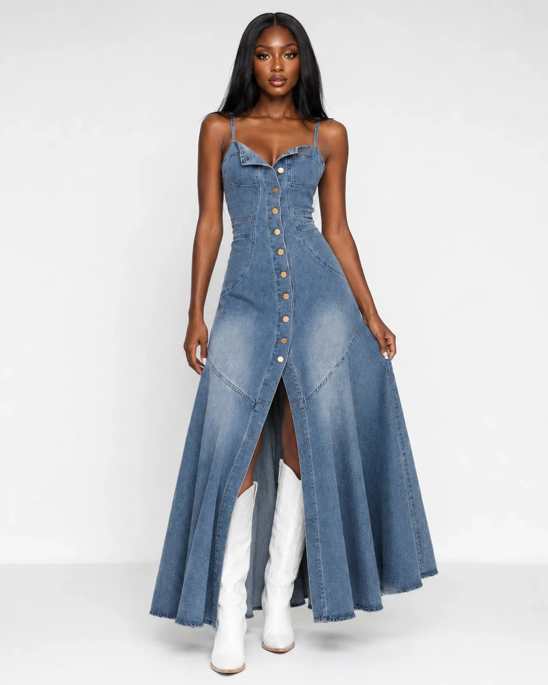 Button-Front Denim Maxi Dress WHD0607009