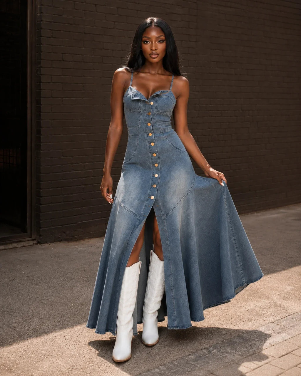 Button-Front Denim Maxi Dress WHD0607009
