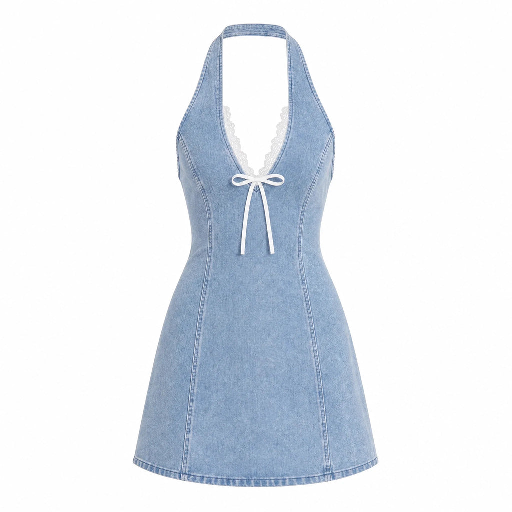 Lace-Trim Halter Denim Mini Dress WHD0607010