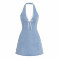 Lace-Trim Halter Denim Mini Dress WHD0607010