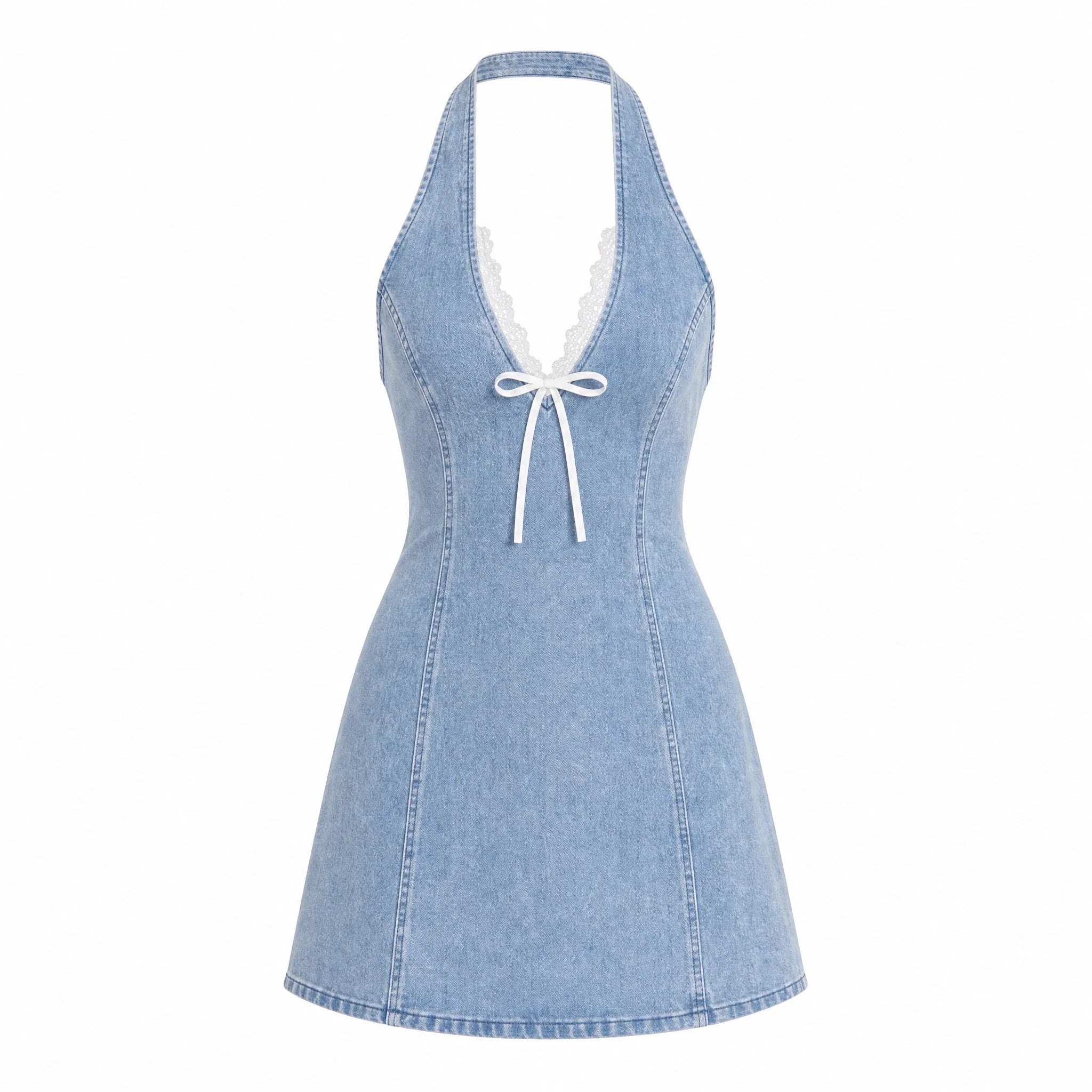 Lace-Trim Halter Denim Mini Dress WHD0607010