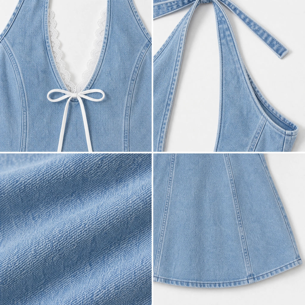 Lace-Trim Halter Denim Mini Dress WHD0607010