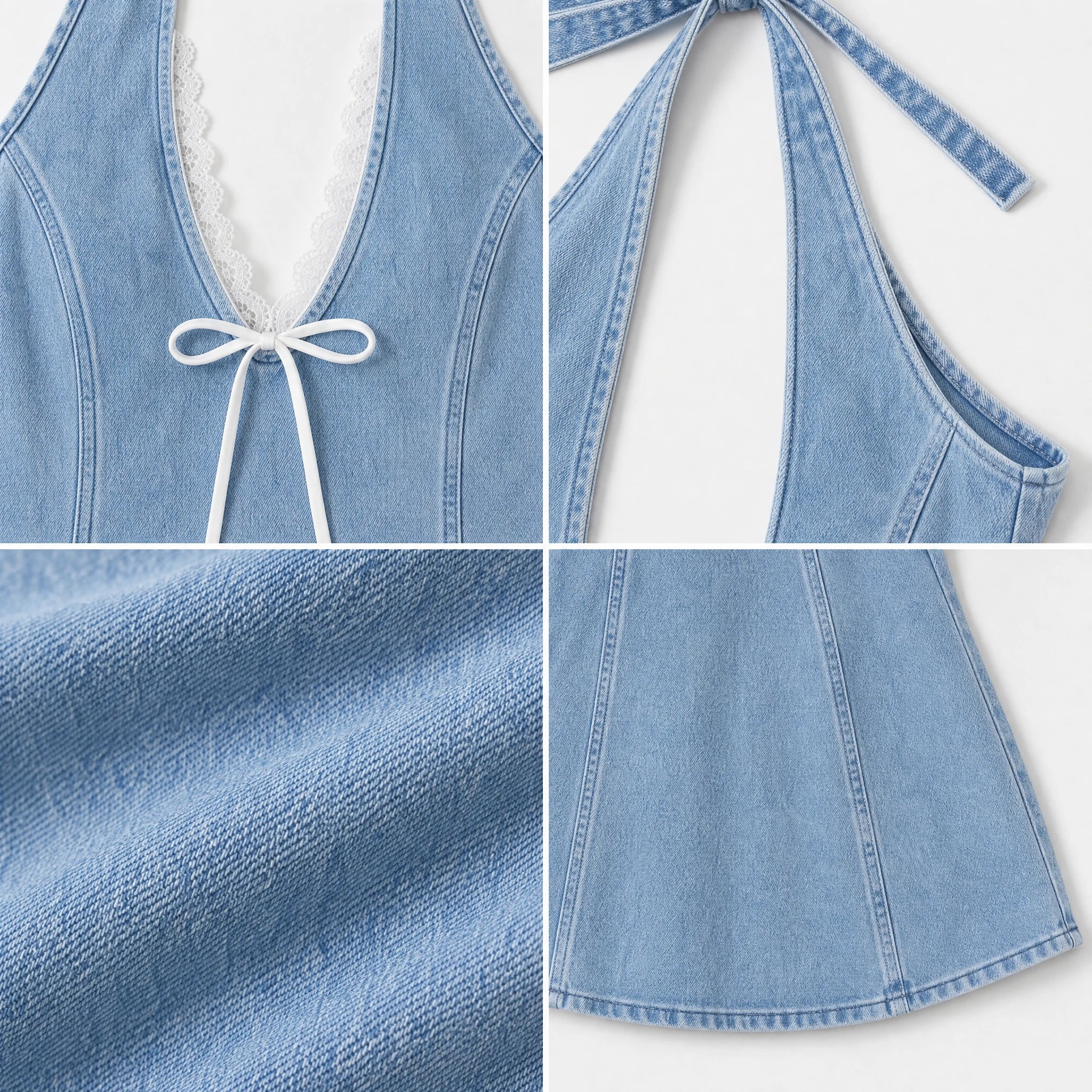 Lace-Trim Halter Denim Mini Dress WHD0607010