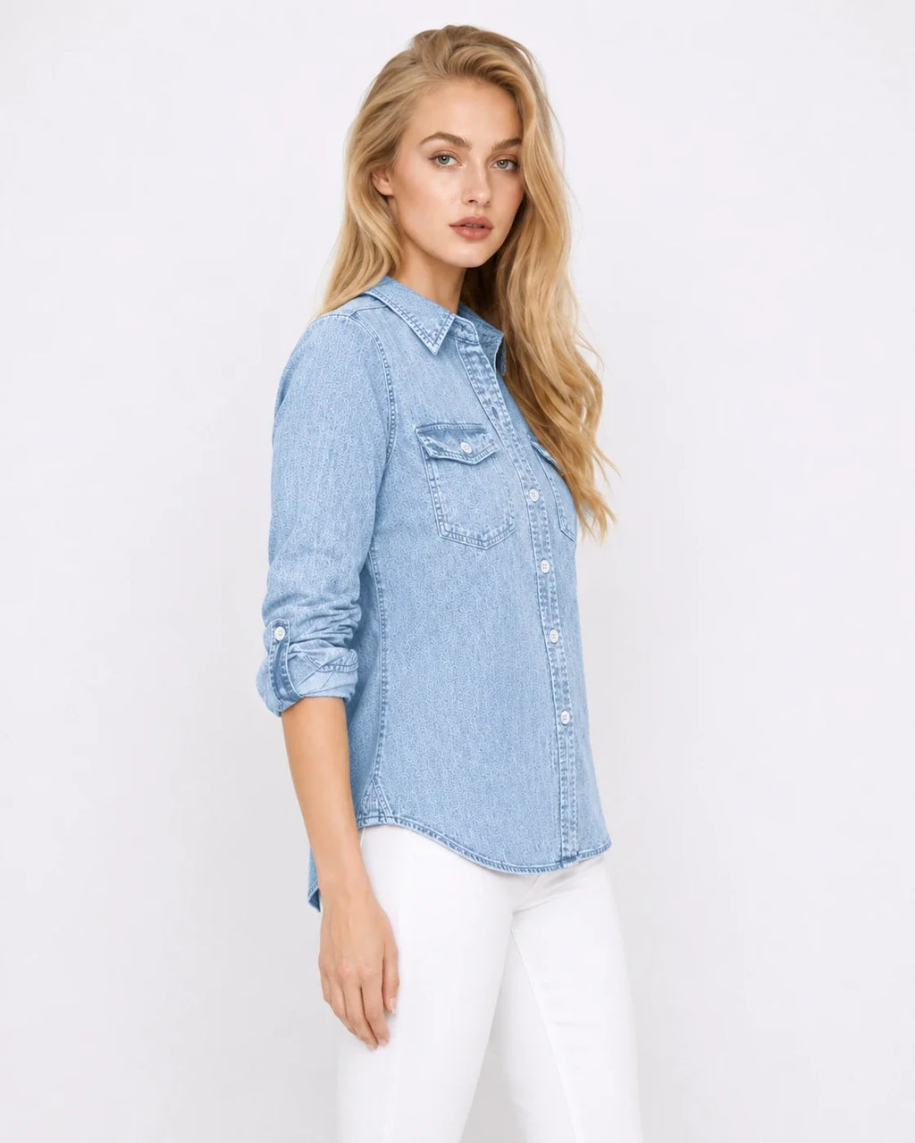 Tonal Pattern Washed Denim Shirt WHD0607011