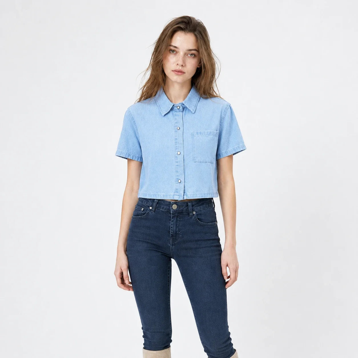 Cropped Short Sleeve Denim Shirt WHD0607012