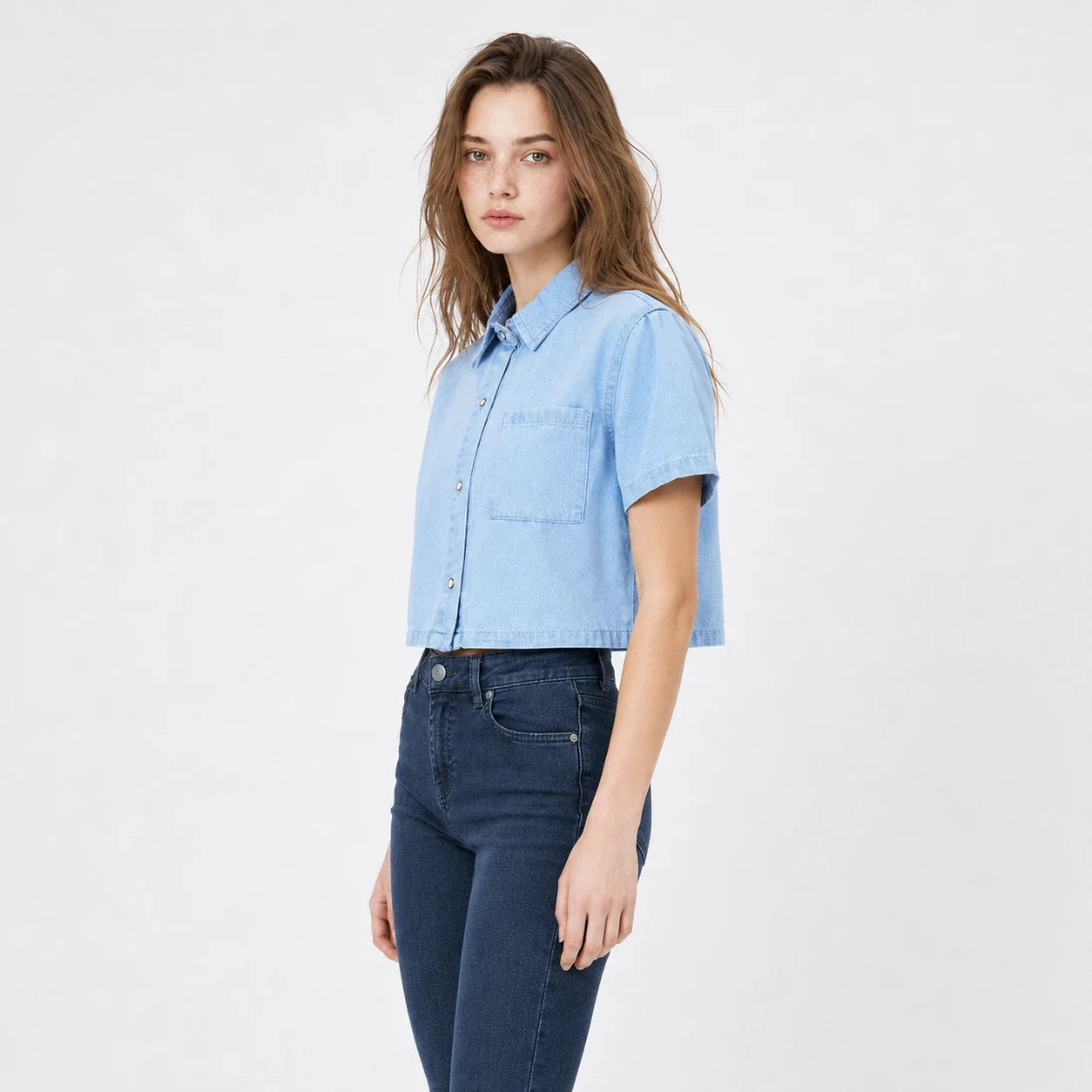 Cropped Short Sleeve Denim Shirt WHD0607012