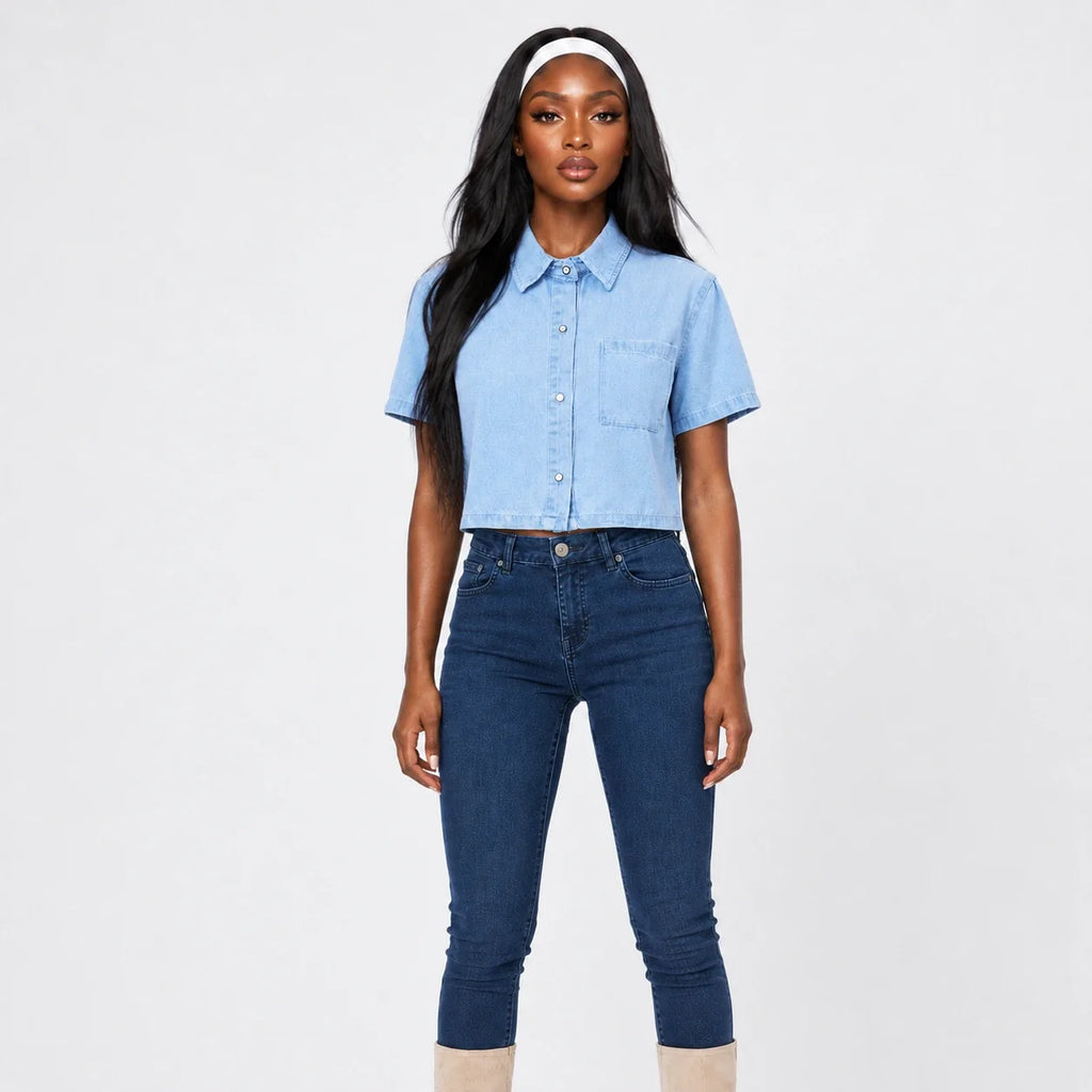 Cropped Short Sleeve Denim Shirt WHD0607012
