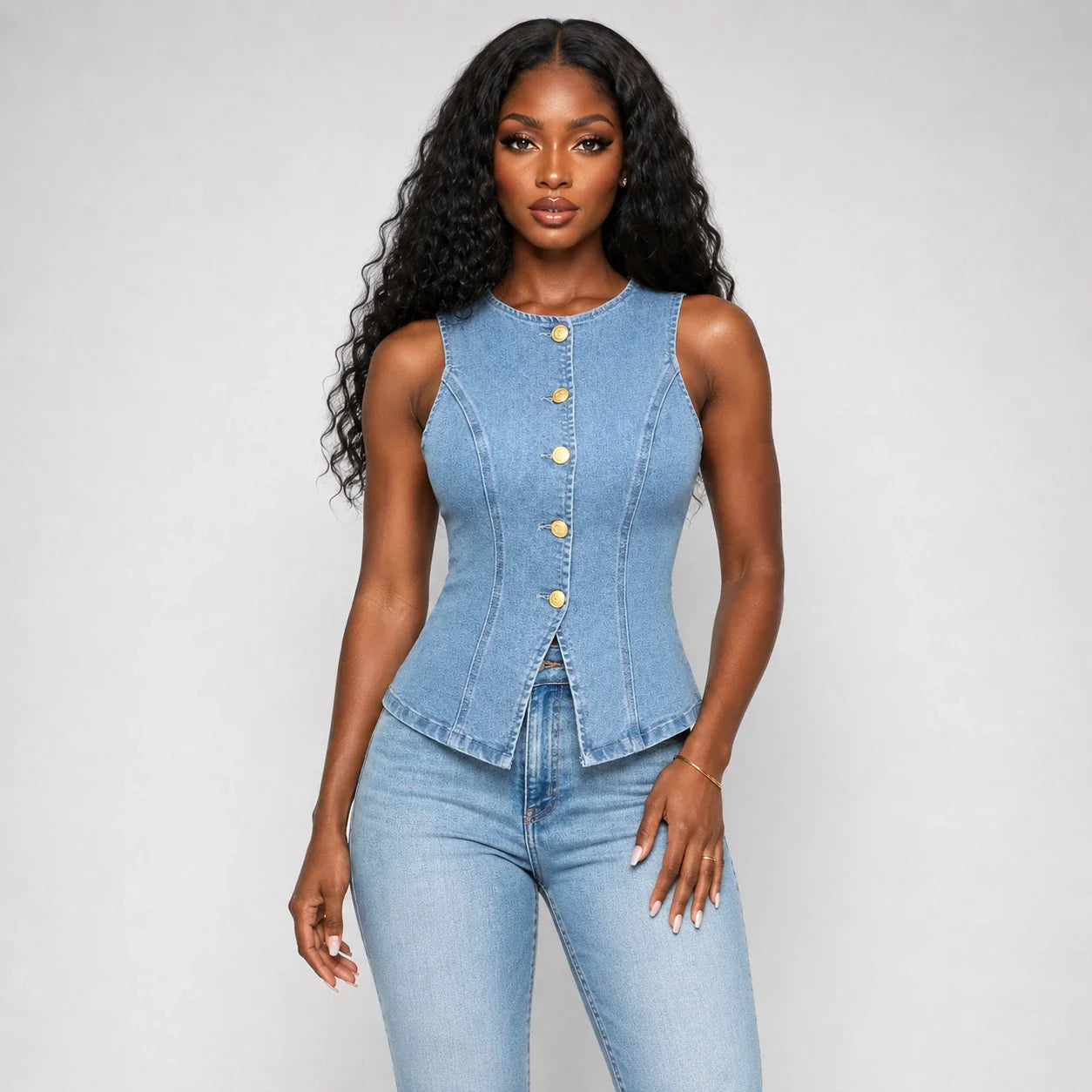 Gold-Button Denim Vest Top WHD0607013