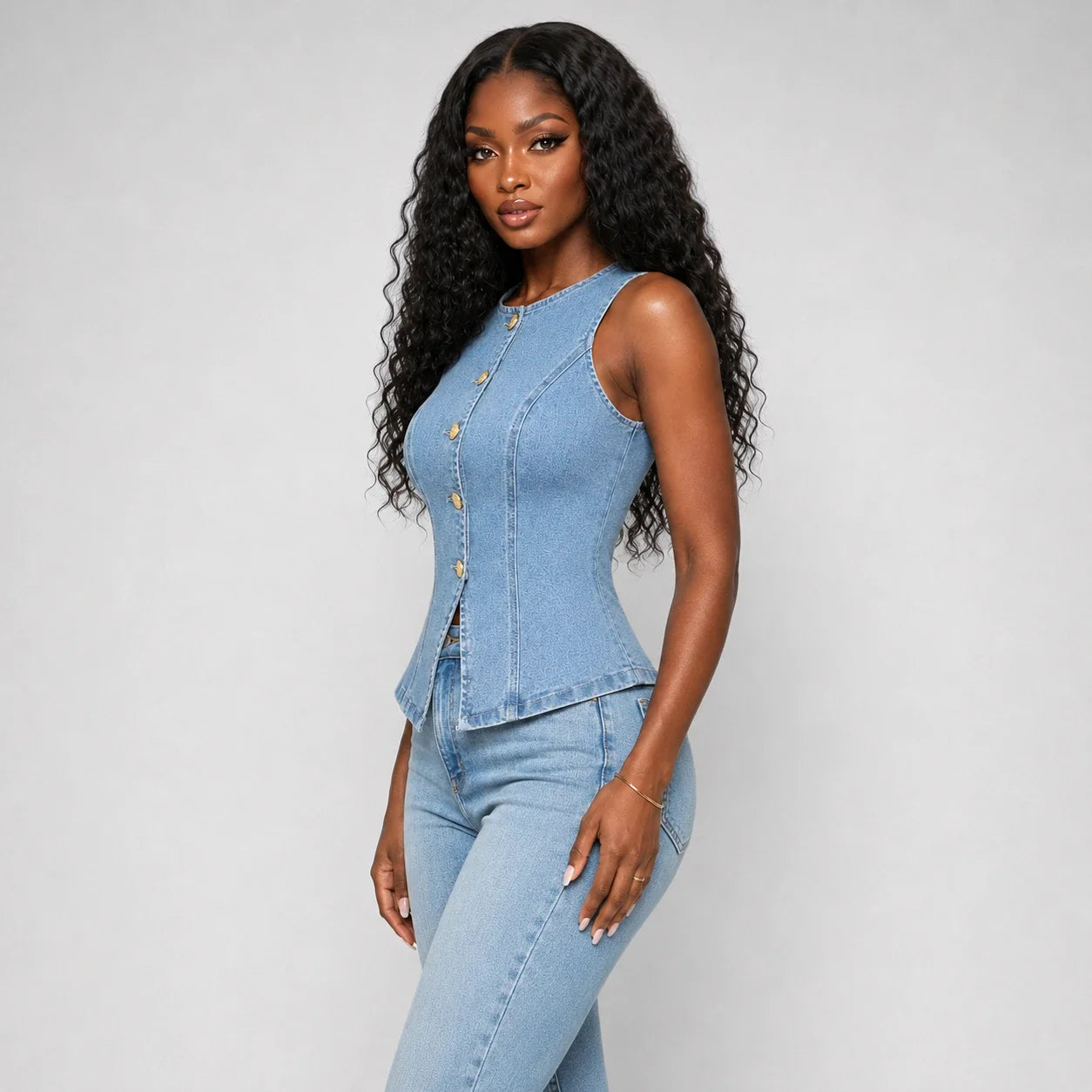 Gold-Button Denim Vest Top WHD0607013