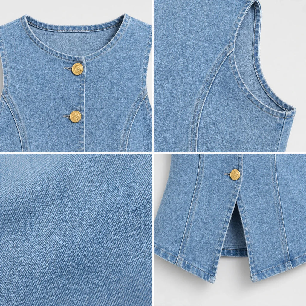 Gold-Button Denim Vest Top WHD0607013