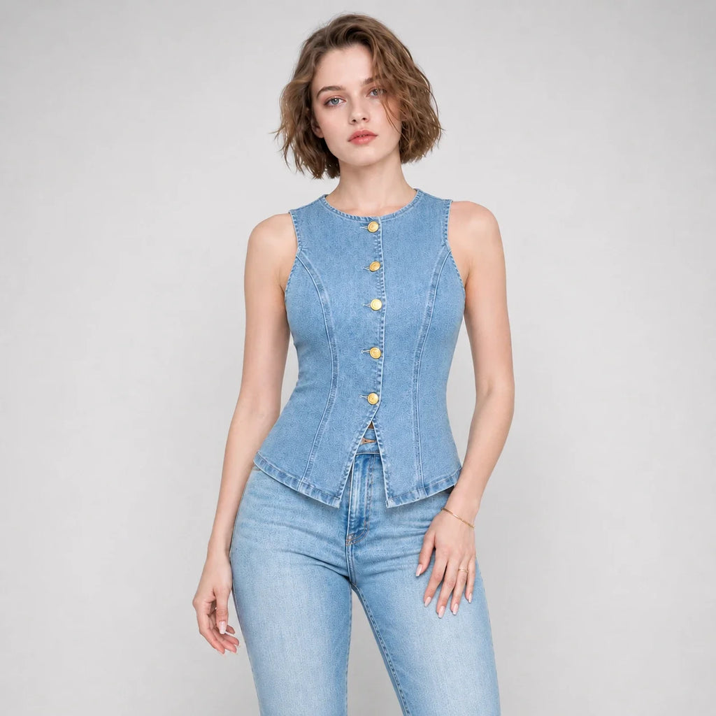 Gold-Button Denim Vest Top WHD0607013