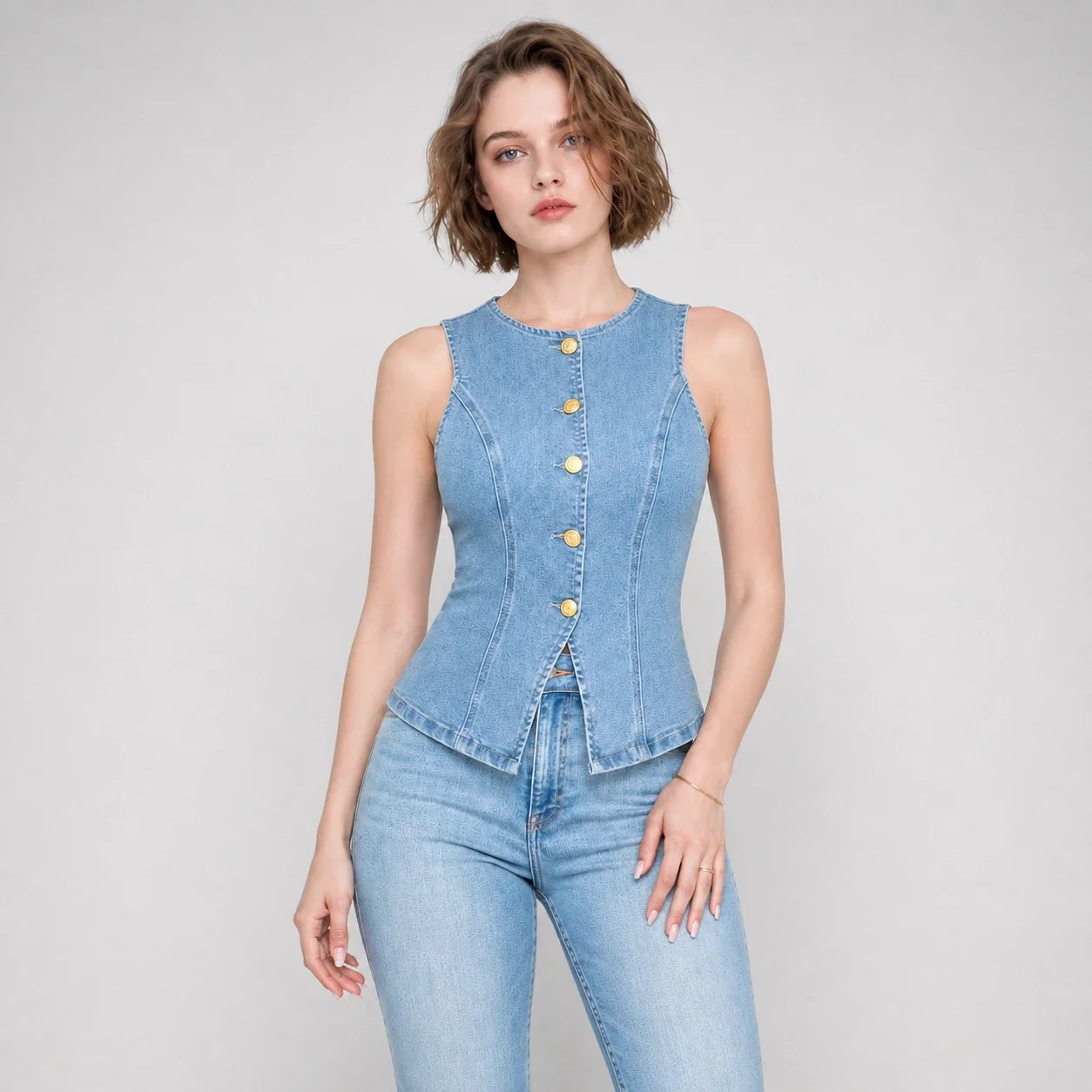 Gold-Button Denim Vest Top WHD0607013