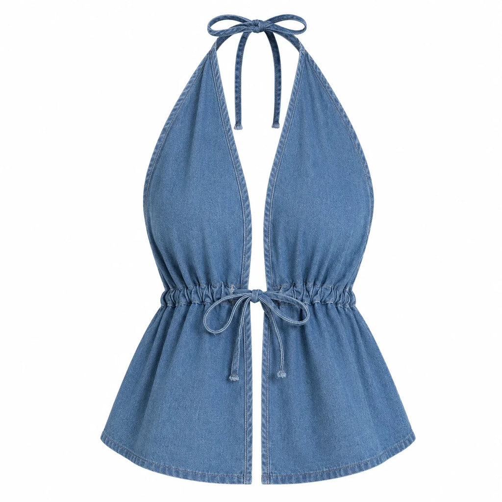 Tie-Front Halter Denim Top WHD0607014