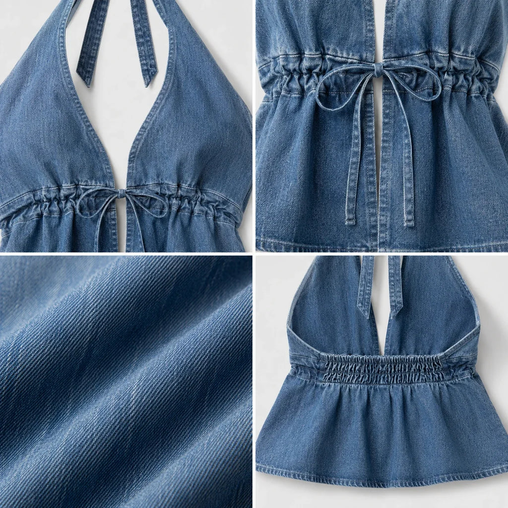 Tie-Front Halter Denim Top WHD0607014