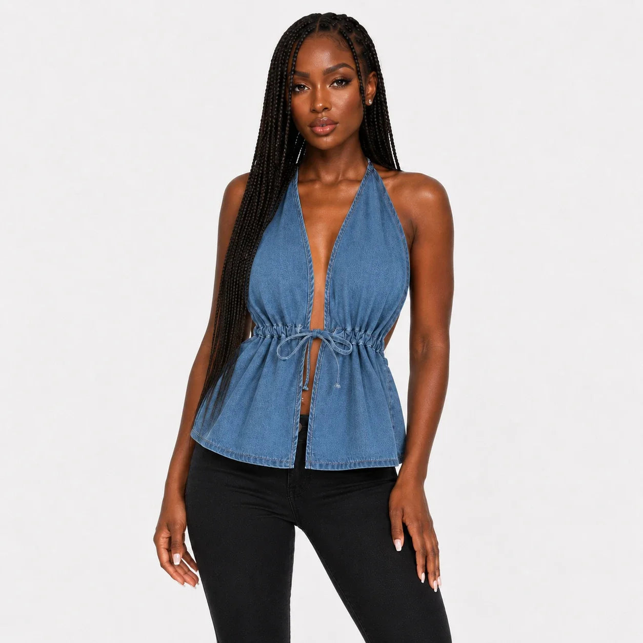 Tie-Front Halter Denim Top WHD0607014