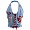 Patch Lace-Up Denim Halter Top WHD0607015