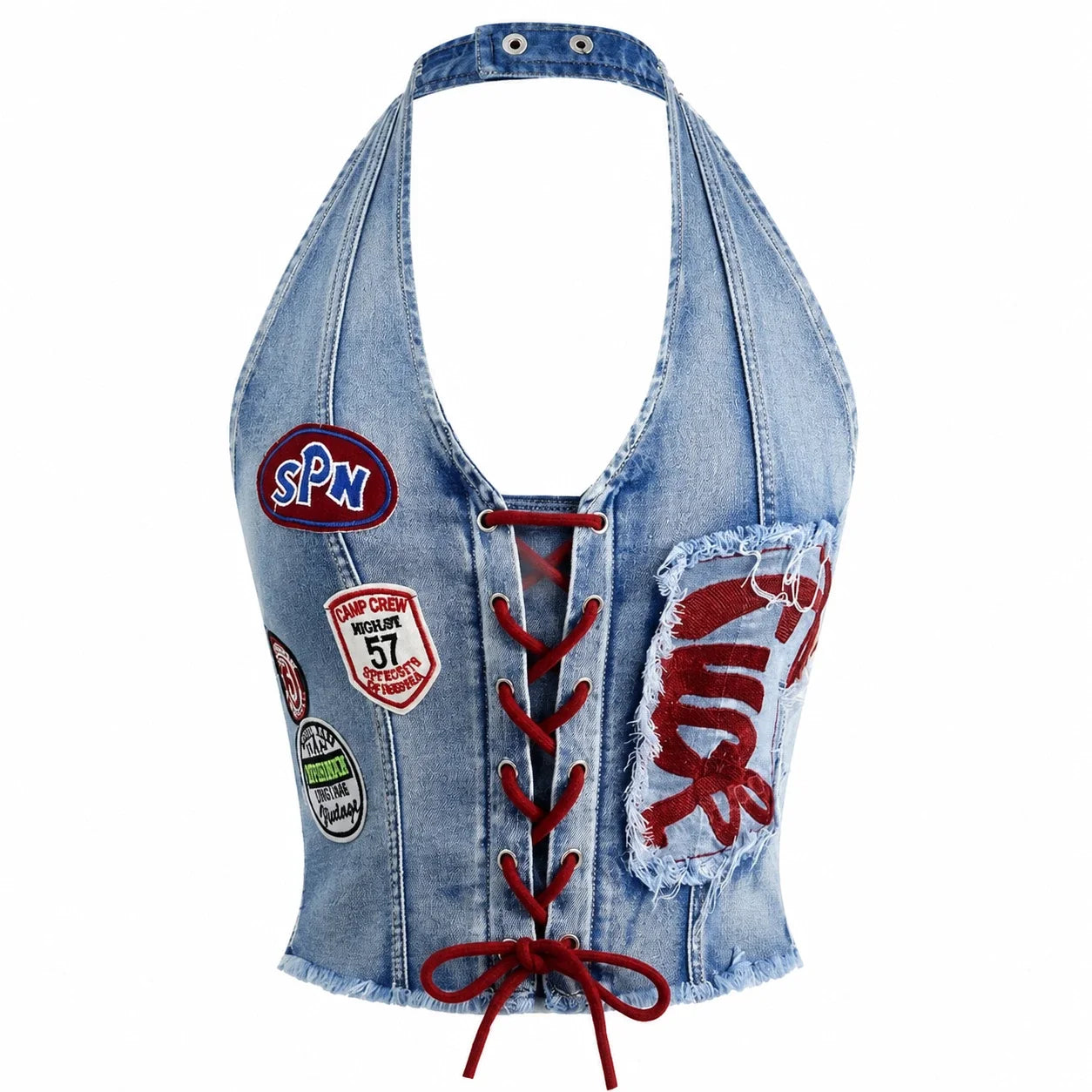 Patch Lace-Up Denim Halter Top WHD0607015