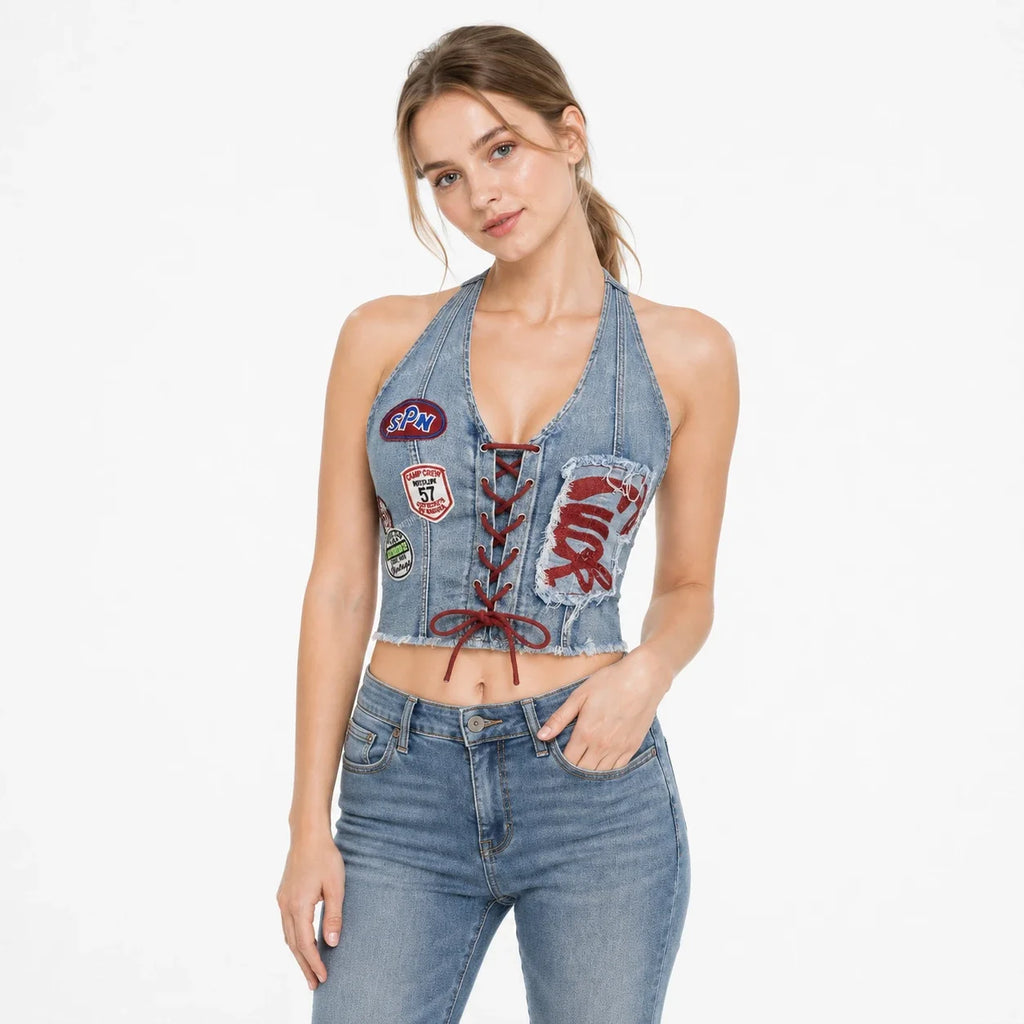 Patch Lace-Up Denim Halter Top WHD0607015