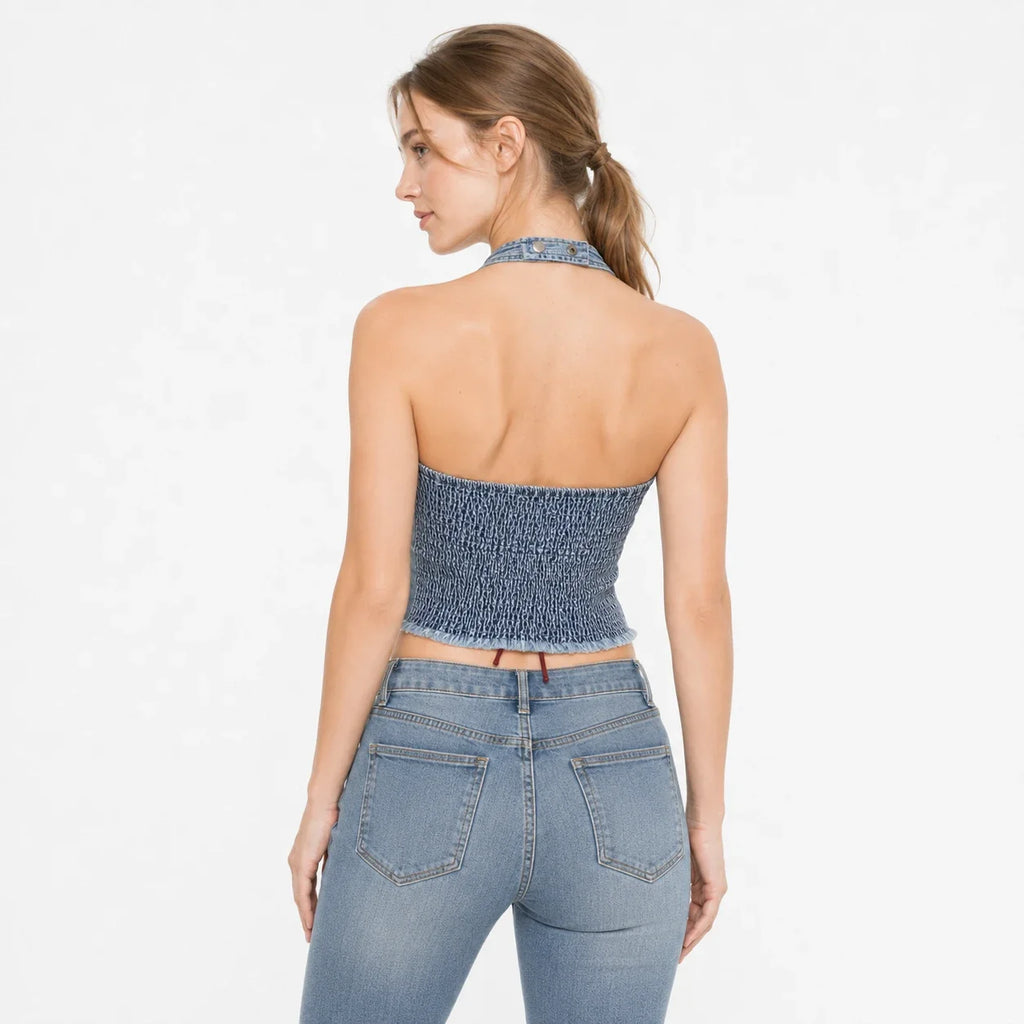 Patch Lace-Up Denim Halter Top WHD0607015
