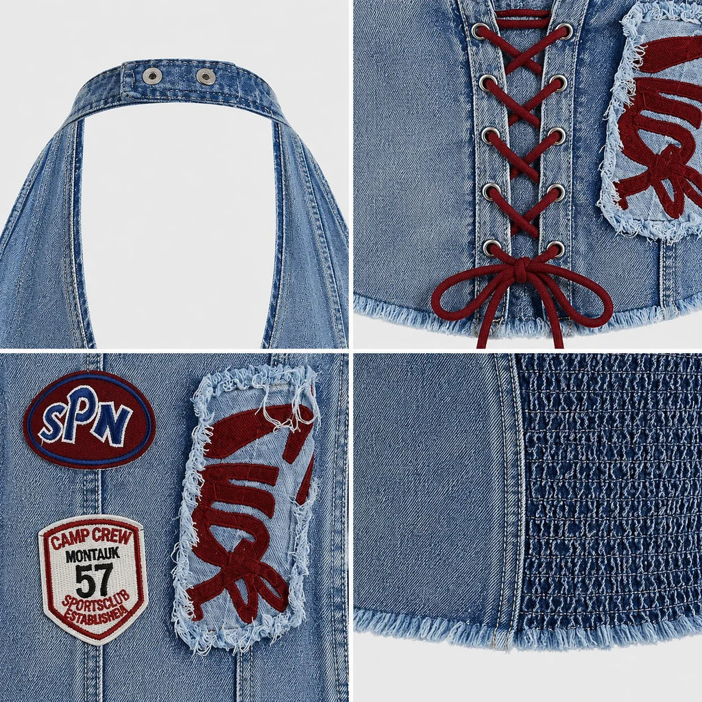 Patch Lace-Up Denim Halter Top WHD0607015