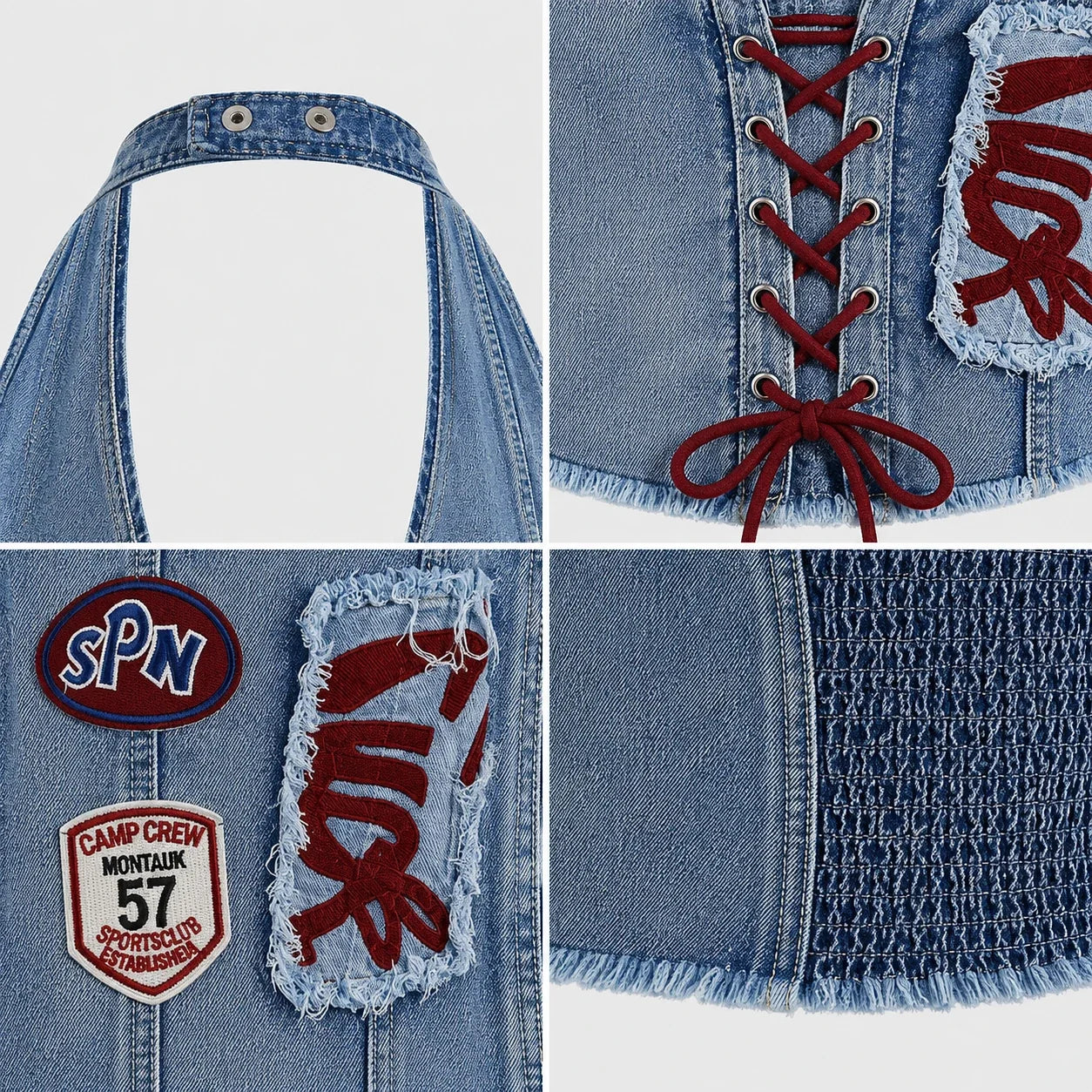 Patch Lace-Up Denim Halter Top WHD0607015