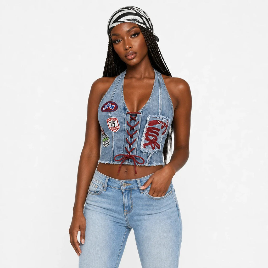 Patch Lace-Up Denim Halter Top WHD0607015