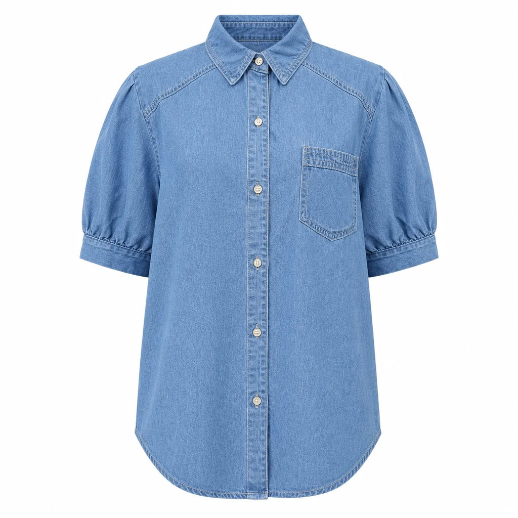 Puff Sleeve Longline Denim Shirt WHD0607016