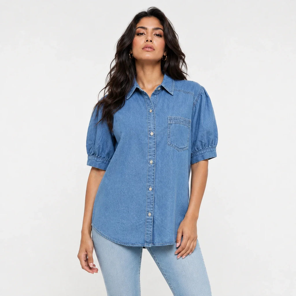Puff Sleeve Longline Denim Shirt WHD0607016