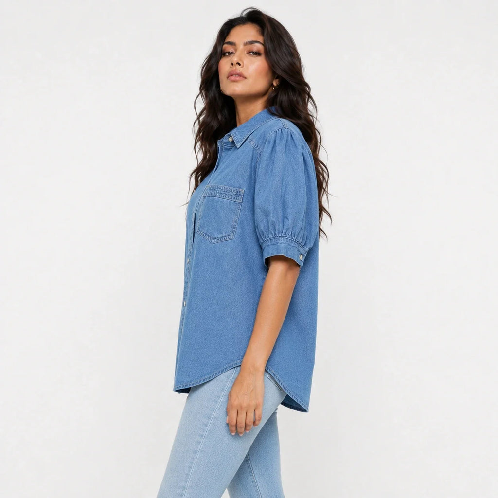 Puff Sleeve Longline Denim Shirt WHD0607016
