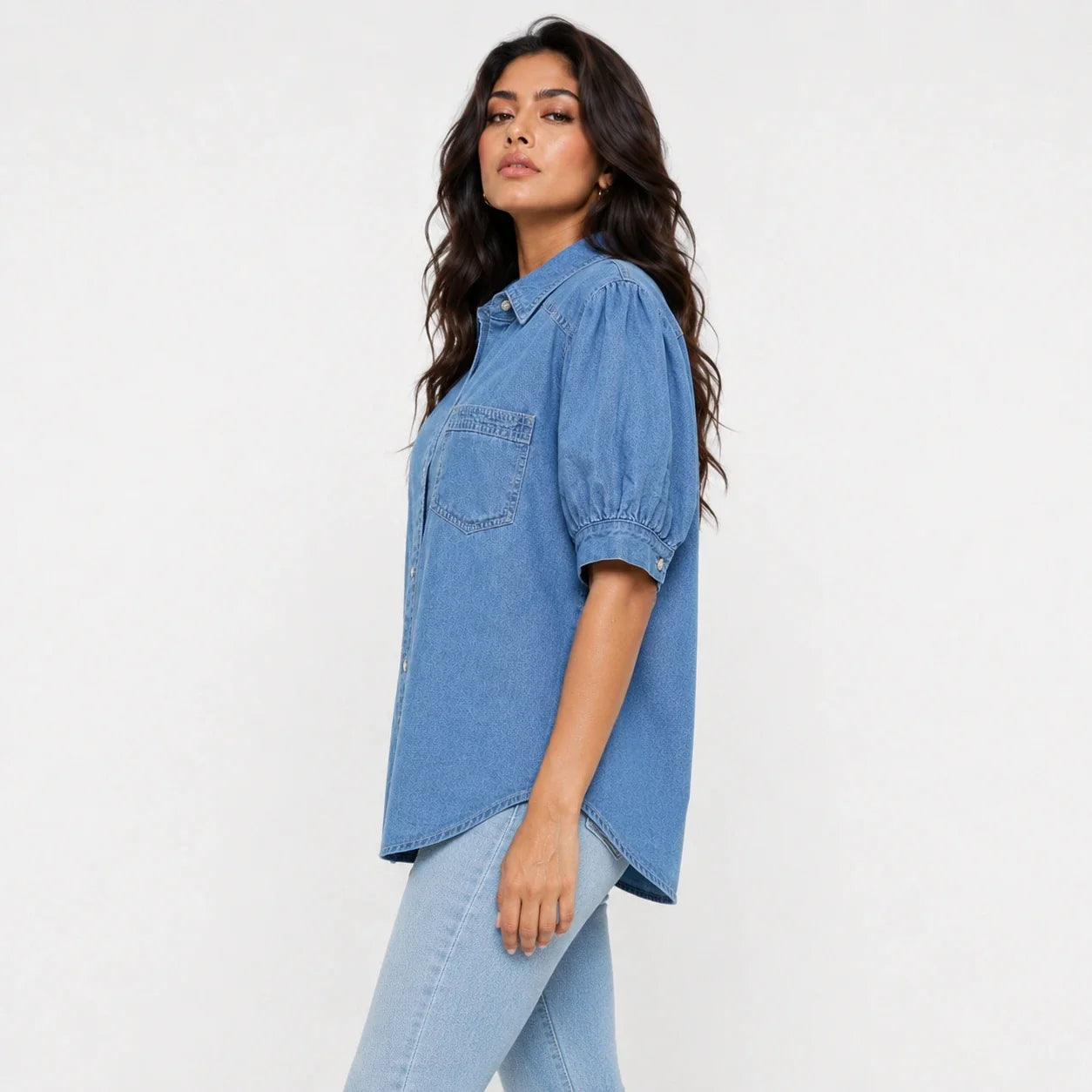 Puff Sleeve Longline Denim Shirt WHD0607016