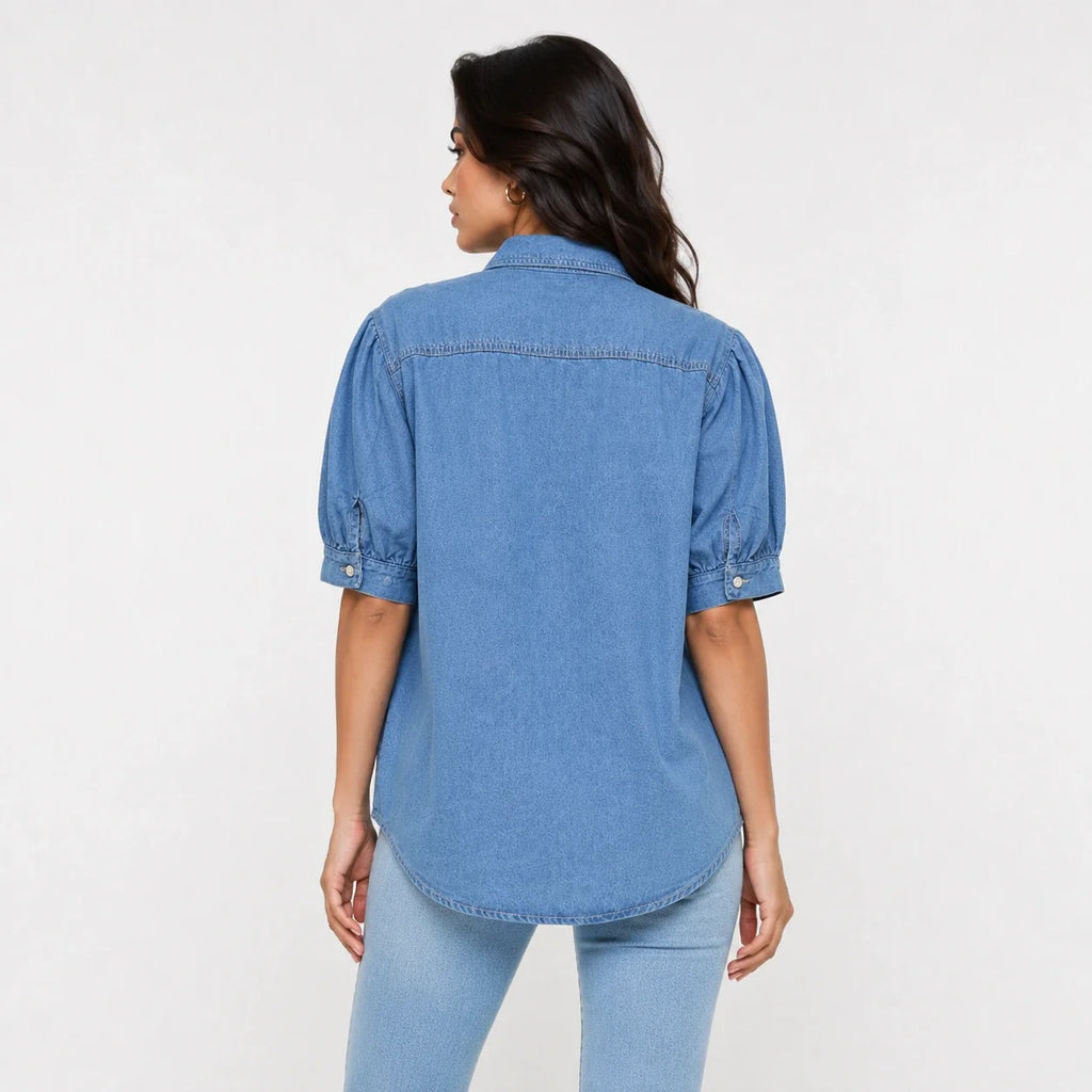 Puff Sleeve Longline Denim Shirt WHD0607016