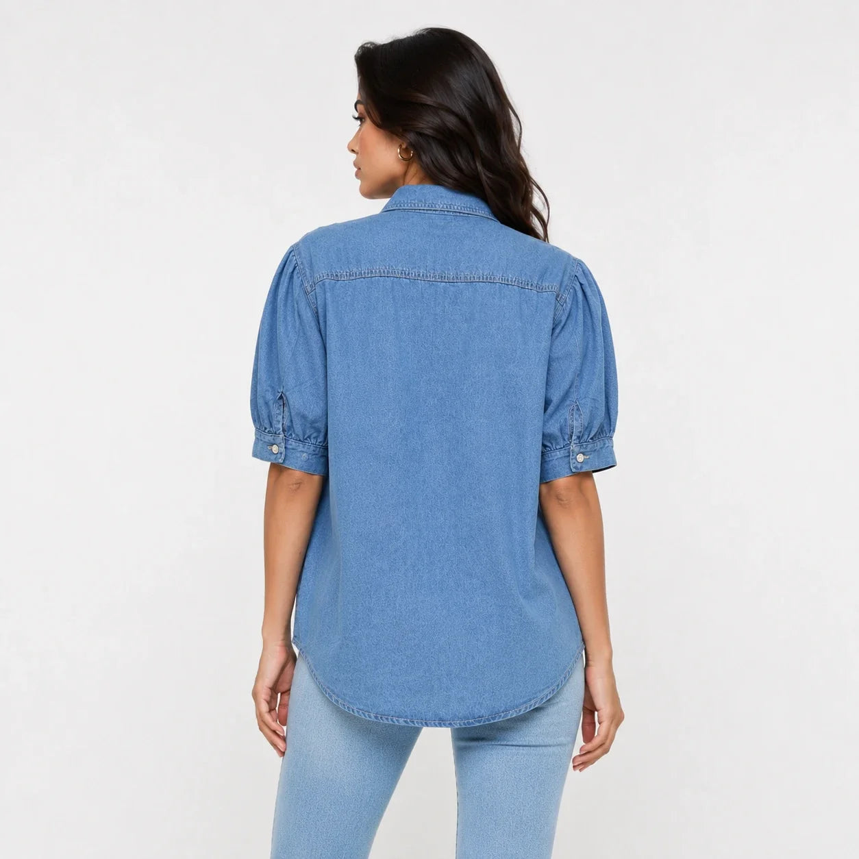 Puff Sleeve Longline Denim Shirt WHD0607016