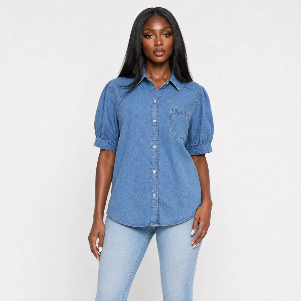 Puff Sleeve Longline Denim Shirt WHD0607016