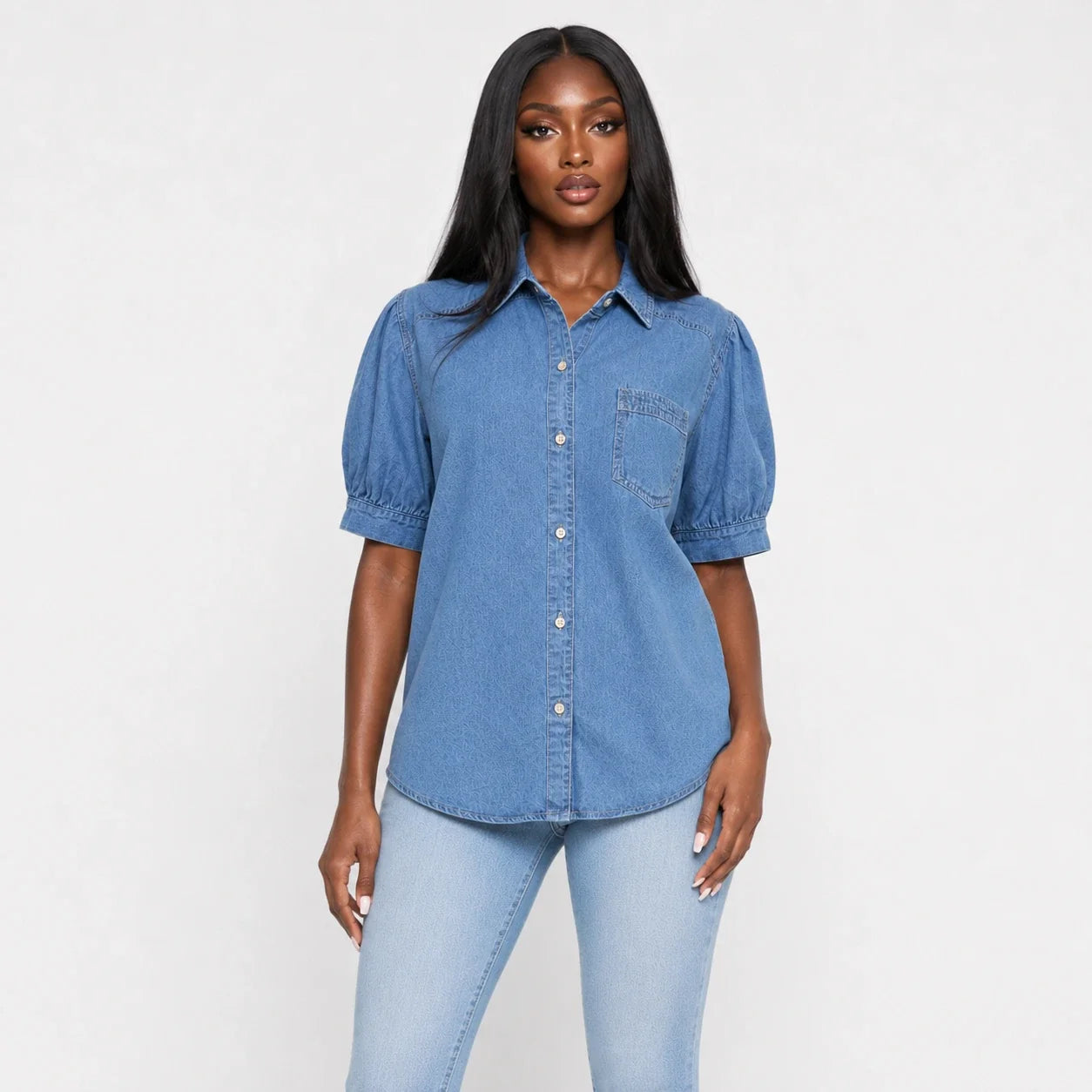 Puff Sleeve Longline Denim Shirt WHD0607016