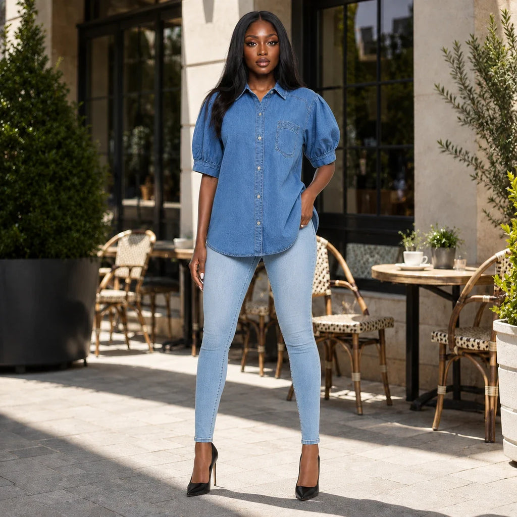 Puff Sleeve Longline Denim Shirt WHD0607016