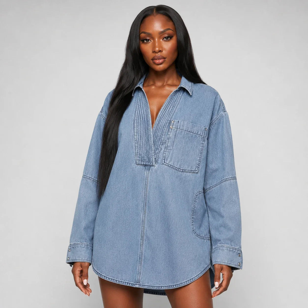 Oversized Pintuck Denim Tunic Shirt WHD0607017